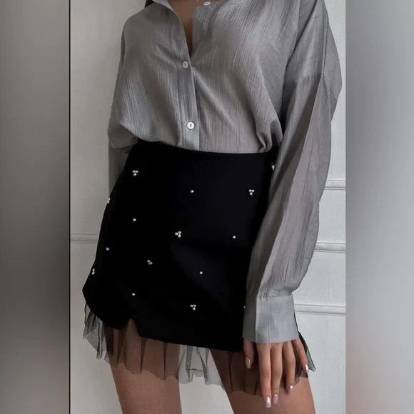 Pearl embellished black mini skirt with ruffle hem mesh detail - Picture 5 of 6
